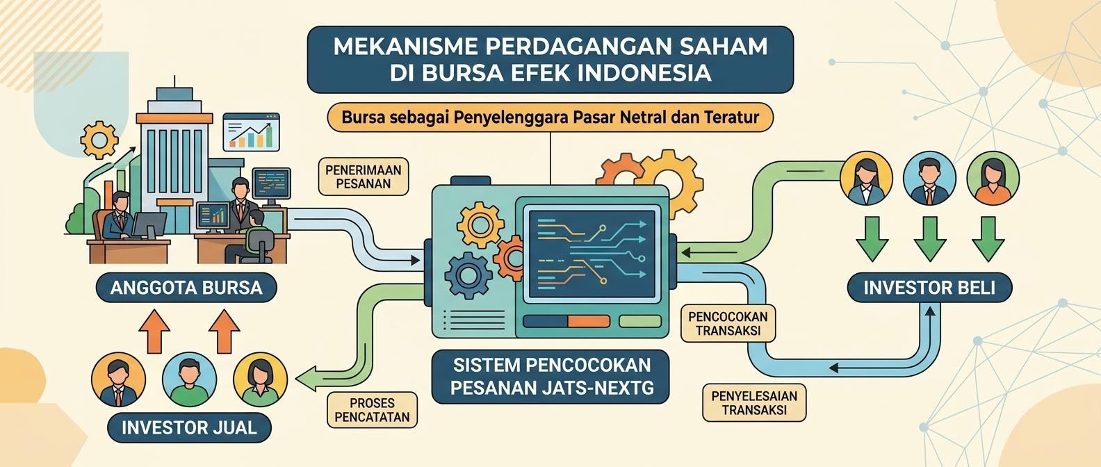 Ilustrasi alur sistem perdagangan bursa dengan anggota bursa dan investor pada papan catatan