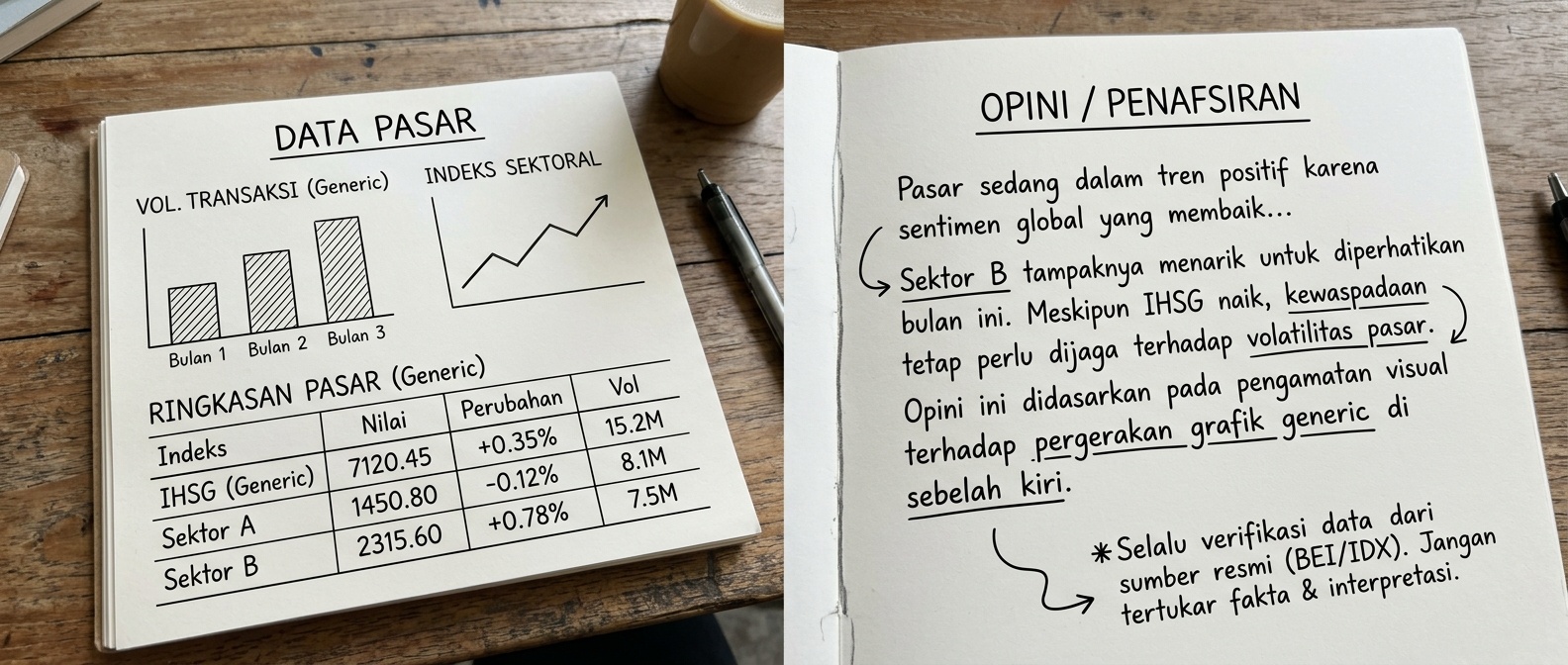 Dua lembar catatan berdampingan memisahkan data pasar dari opini pembaca