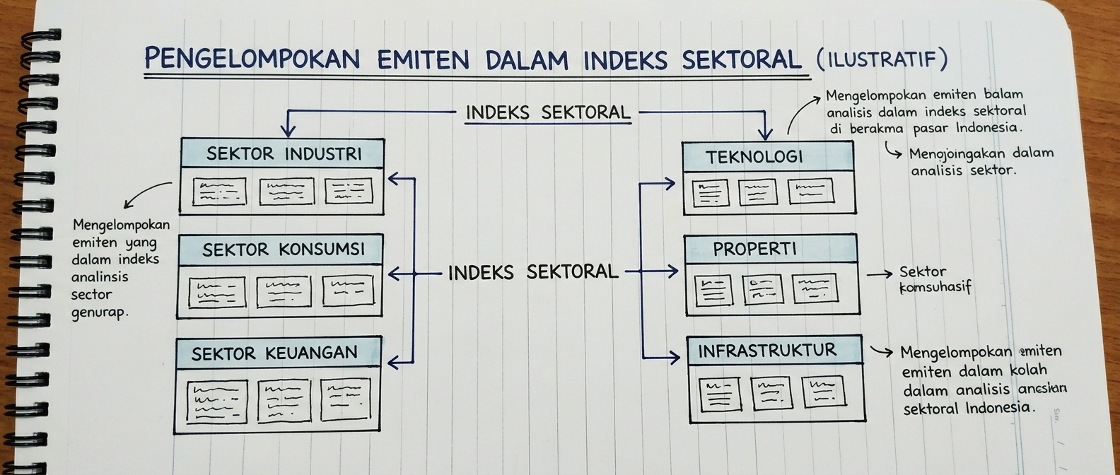 Diagram pengelompokan perusahaan tercatat ke dalam beberapa sektor pada selembar catatan