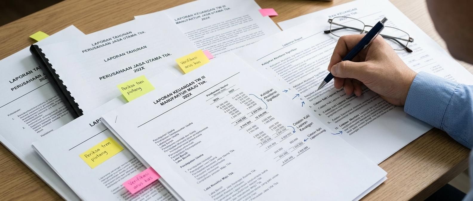 Tumpukan laporan keterbukaan informasi emiten dengan catatan tepi di sampingnya