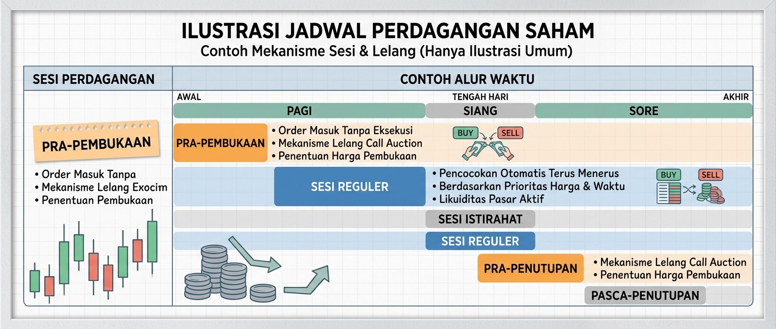Papan jam menampilkan jadwal sesi perdagangan dengan catatan tahap pra-pembukaan