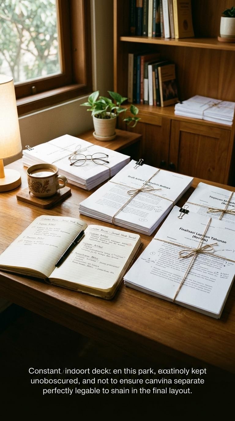 Meja redaksi dengan buku catatan, laporan tercetak, dan cangkir kopi di ruang kerja bernuansa hangat