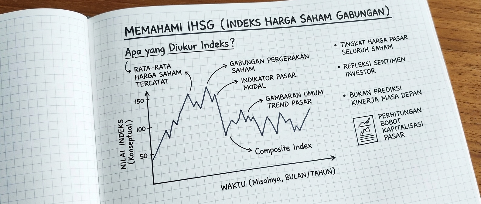 Grafik garis indeks komposit pada kertas grid dengan anotasi penjelasan di sisinya