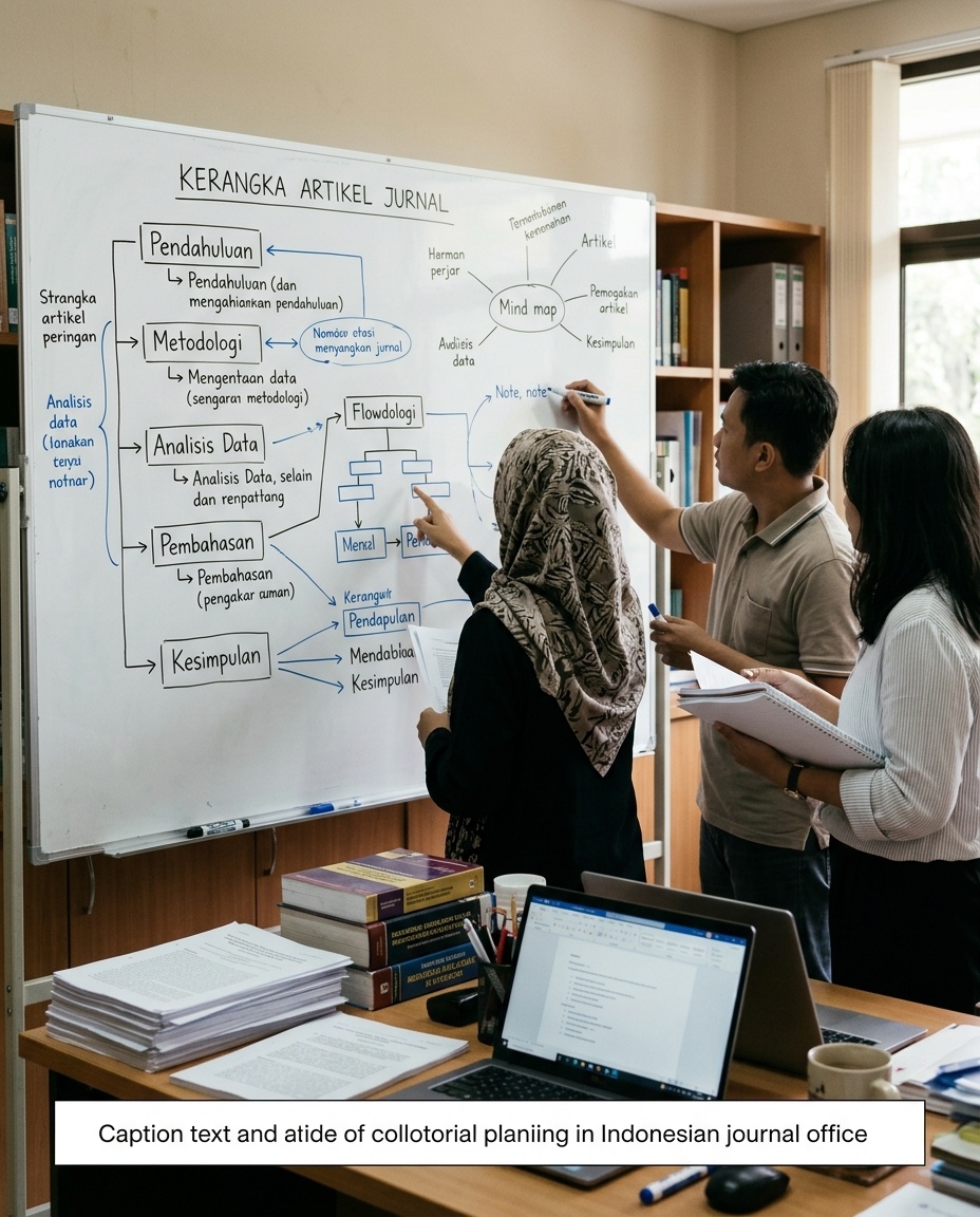 Suasana ruang kerja redaksi dengan papan tulis berisi kerangka catatan dan tumpukan dokumen referensi